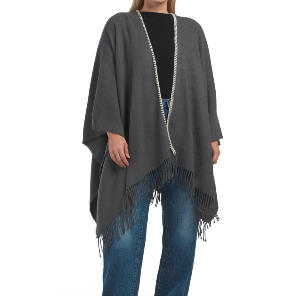 Cristina Chiti‎ Made in Italy Stitched Ruana in Dark Gray One Size Wrap Shall